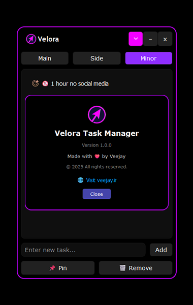 Velora Window Pinning
